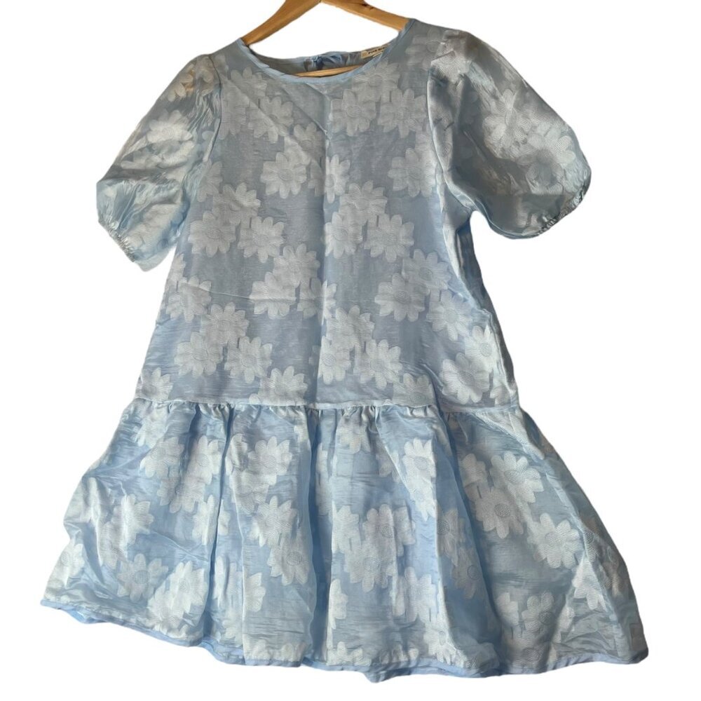 Pink Ripple Womens S Swing Dress Puff Sleeve Drop Waist Blue Floral Garden Party